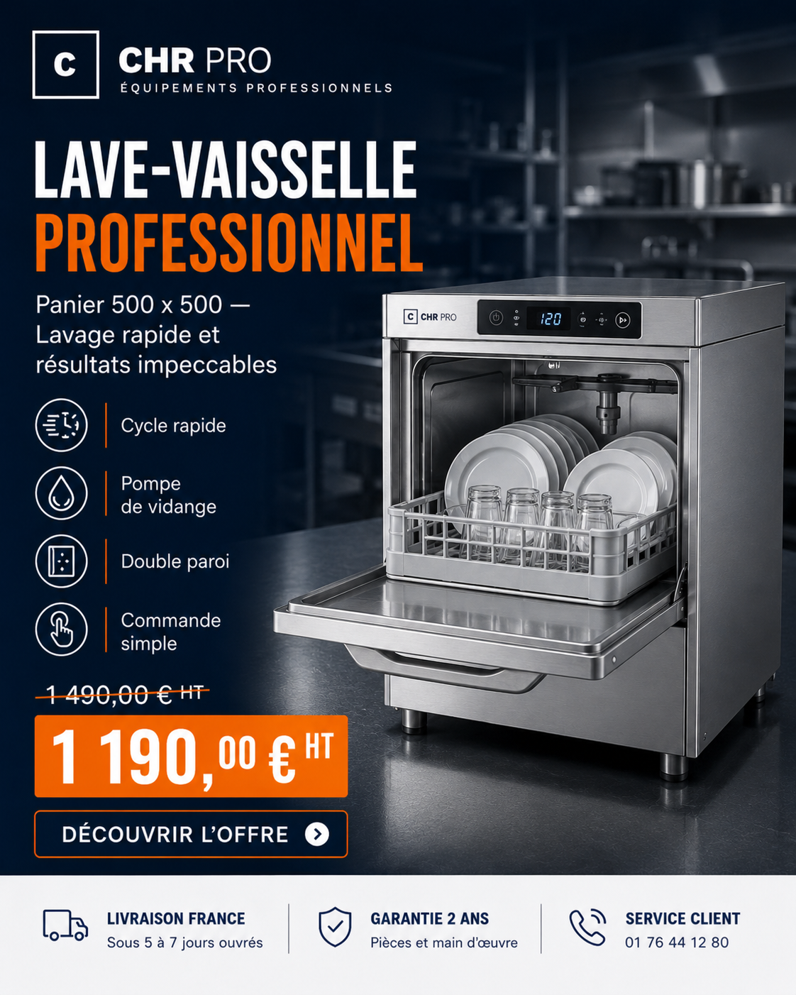 Lave-vaisselle professionnel panier 500 × 500 — 1 190 € HT