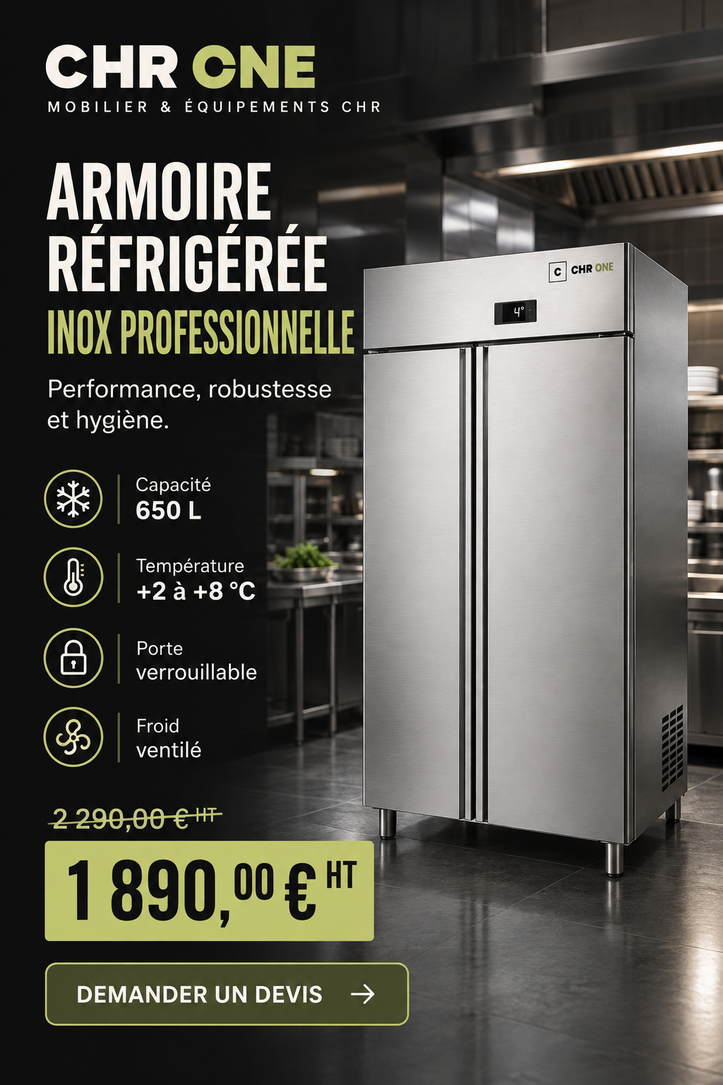 Armoire réfrigérée inox 650 L — 1 890 € HT
