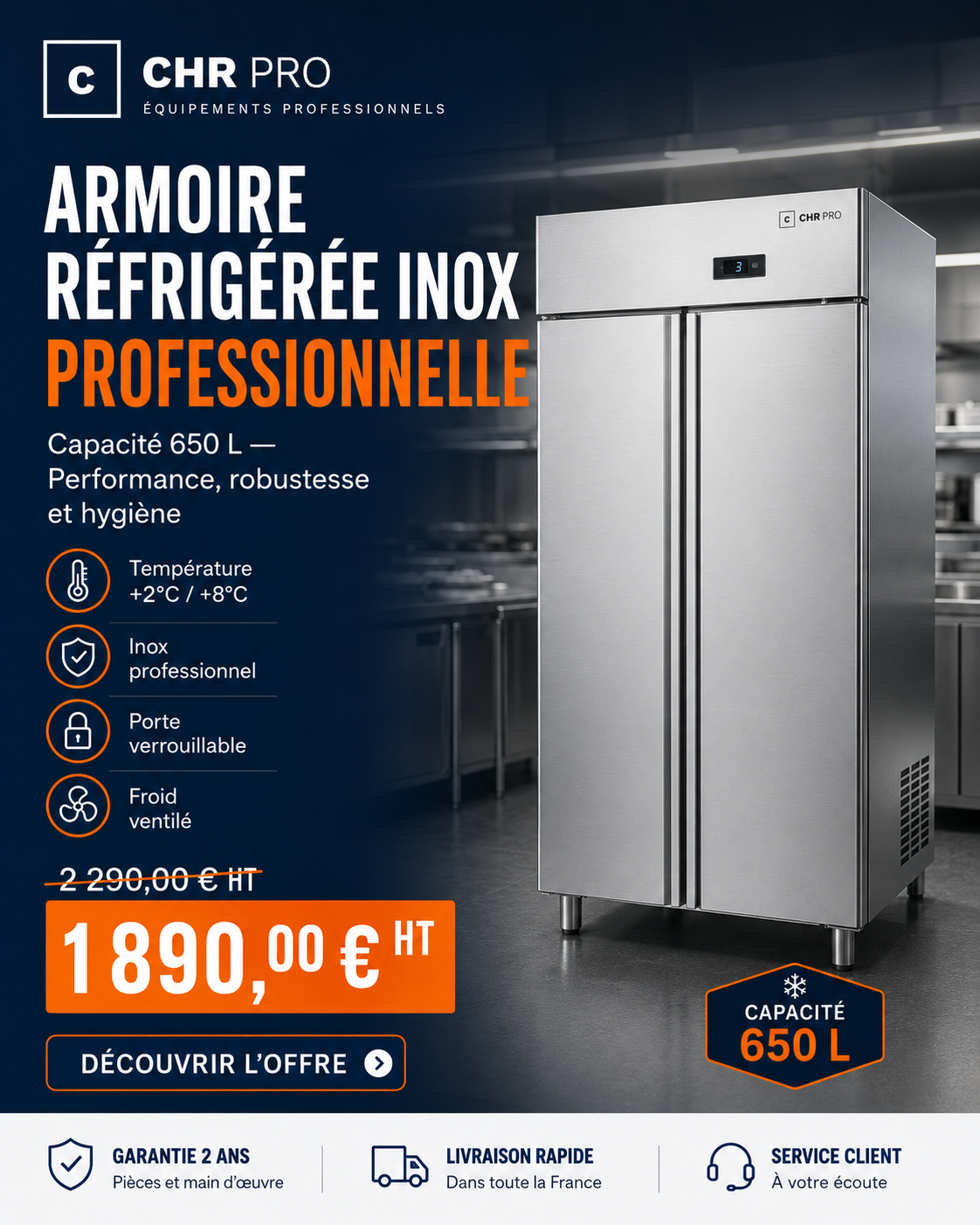 Armoire réfrigérée inox 650 L — 1 890 € HT