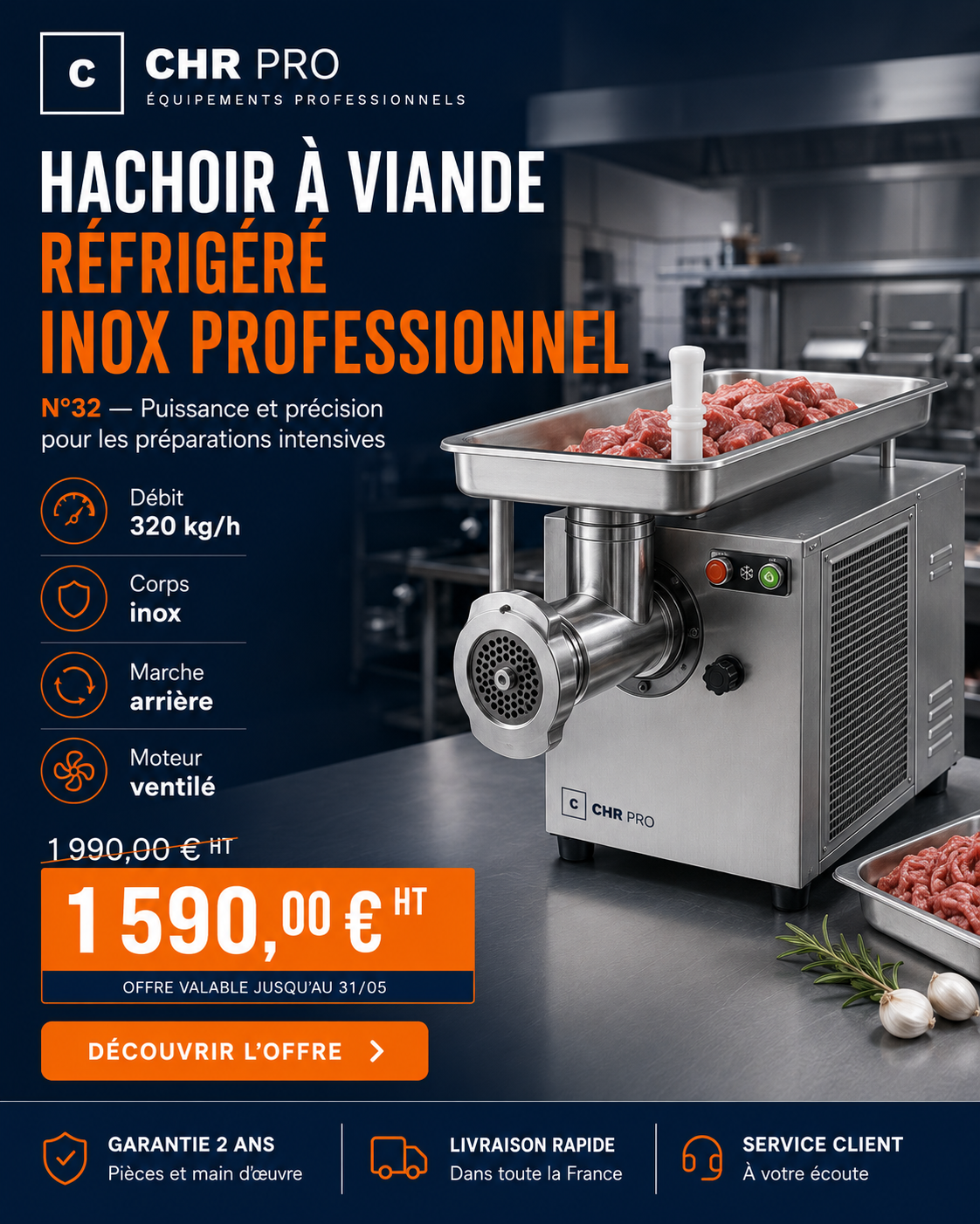 Hachoir à viande réfrigéré N°32 — 1 590 € HT